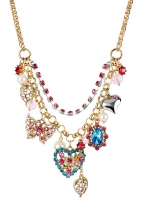 Betsey Johnson Crystal Heart & Butterfly Frontal Necklace
