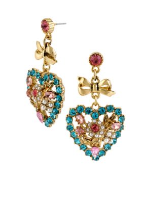 Betsey Johnson Crystal Heart Drop Earrings