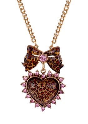 Betsey Johnson Leopard Heart & Bow Pendant Necklace