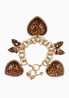 Betsey Johnson Leopard Heart & Bow Charm Toggle Bracelet