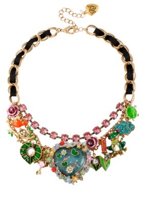 Betsey Johnson Fish Pond Heart Multi Charm Frontal Necklace