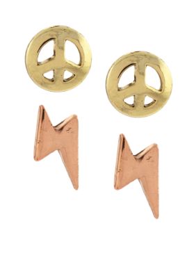 BCBGeneration Gold Peace and Lightning Bolt Stud Earrings Duo