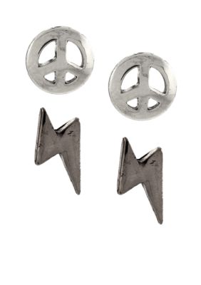 BCBGeneration Silver Peace and Lightning Bolt Stud Earrings Duo
