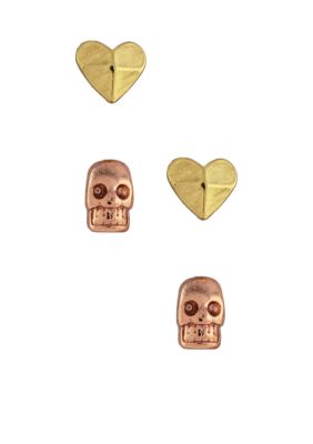 BCBGeneration Gold Tone Heart and Rose Gold Skull Stud Duo Earring Set