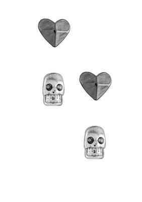 BCBGeneration Hematite Heart and Silver Tone Skull Stud Duo Earrings
