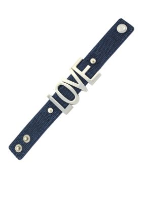 BCBGeneration Dark Blue Canvas and Silver Love Big Affirmation Bracelet