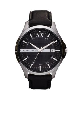 Armani Exchange AX Men's Round Stainless Steel with Black Leather Strap Hampton Watch