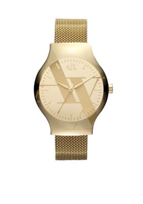 Armani Exchange AX Ladies Yellow Gold Tone Stainless Steel Mesh Logo Watch