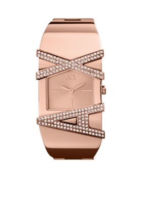 Armani Exchange AX Ladies Cancun Rose Gold Tone Glitz Logo Watch