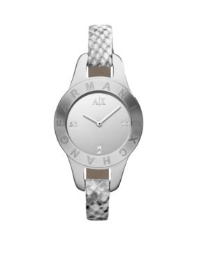 Armani Exchange AX Ladie's Gold Tone and Stamped Python Strap Pipa Watch