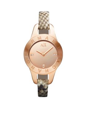 Armani Exchange AX Ladies Rose Gold Tone Stainless Steel and Python Print Leather Glitz Watch