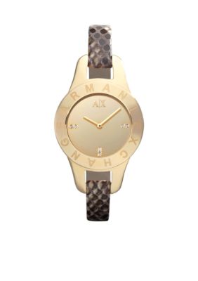 Armani Exchange AX Ladies Gold Tone and Stamped Python Strap Pipa Watch