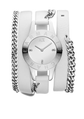 Armani Exchange AX Ladies Silver-Tone Stainless Steel and White Leather Three-Hand Watch