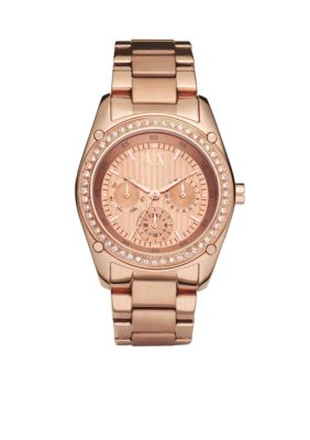 Armani Exchange AX Ladies Pave Rose Gold Tone Round Glitz Watch