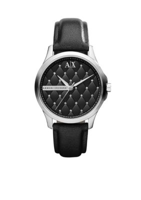 Armani Exchange AX Ladies Mid-Size Silver Tone Stainless Steel and Black Leather Watch