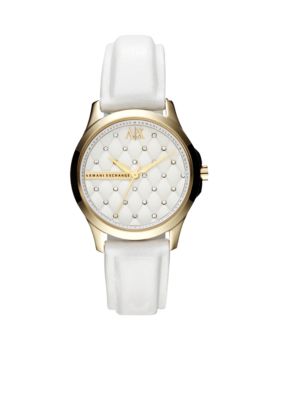 Armani Exchange AX Ladies Silver-Tone Stainless Steel and White Leather Three-Hand Glitz Watch