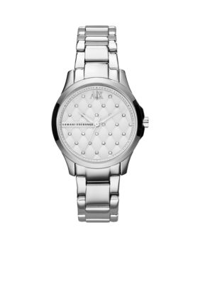 Armani Exchange AX Ladies Silver-Tone Stainless Steel Three-Hand Glitz Watch