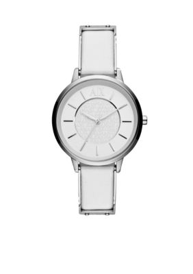 Armani Exchange AX Ladies White Leather and Silver-Tone Stainless Steel Three-Hand Watch