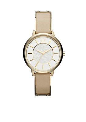 Armani Exchange AX Ladies Gold-Tone Stainless Steel and Beige Leather Three-Hand Watch