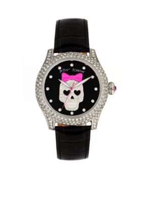 Betsey Johnson Crystal Set Case with Skull Graphic Watch