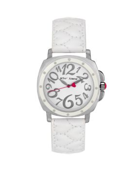 Betsey Johnson Silver Case with White Quilted Heart Strap Watch
