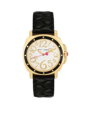 Betsey Johnson Gold Case with Black Quilted Heart Strap Watch