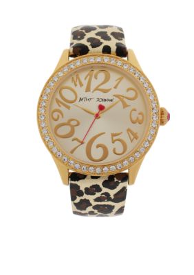 Betsey Johnson Gold Tone Case with Leopard Printed Leather Strap Watch