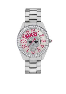 Betsey Johnson Silver Skull Graphic Dial Watch