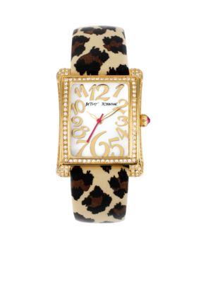 Betsey Johnson Stainless Steel Rectangle Case Set in Crystal & Leopard Printed Patent Leather Strap