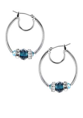 Nine West Silver Click Tube Hoop with Faceted Blue Beads and Crystals