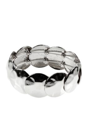 Nine West Polished Silver Hammered Disc Stretch Bracelet