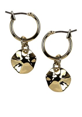Nine West Polished Gold Hammered Disc Hoop Drop Earrings