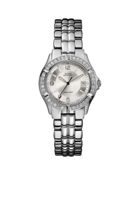 GUESS Womens Crystallized Silver Waterpro Analog Watch
