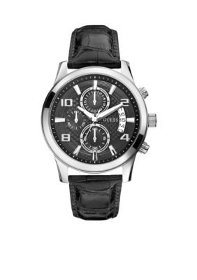 GUESS Men's Chronograph Black Croco-Grain Leather Strap Watch