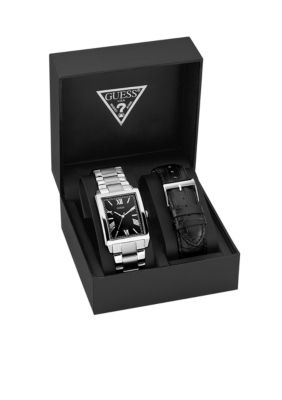 GUESS Men's Stainless Steel and Black Leather Strap Set