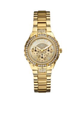 GUESS Women's Mid-Size Gold Tone Steel Bracelet Multi-Function Watch 