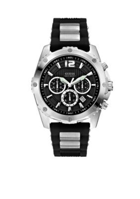 GUESS Men's Steel and Black Silicone Strap Chronograph Watch