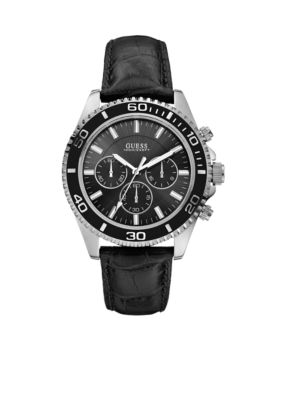 GUESS Men's Black Leather Strap Chronograph