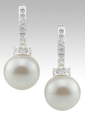 Carolee Pave Hoop with Simulated Pearl Drop Earrings