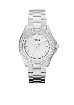 Fossil Ladies Silver Tone Stainless Steel Retro Traveler Glitz 3 Hand Watch