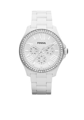Fossil Ladies White Acetate and Silver-Tone Stainless Steel Retro Traveler Chronograph Glitz Watch