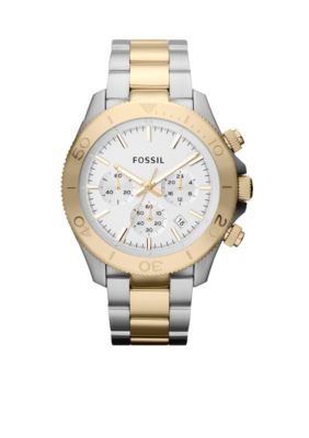 Fossil&reg; Men's Silver-Tone and Gold-Tone Stainless Steel Retro Traveler Chronograph Exclusive 125th Anniversary Watch