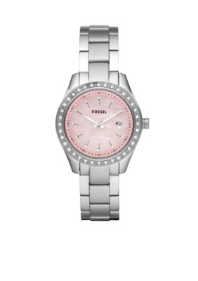 Fossil Ladies Silver-Tone Stainless Steel Three-Hand Stella Mini Glitz Watch