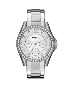 Fossil Ladies Silver Tone Stainless Steel Riley Glitz Watch