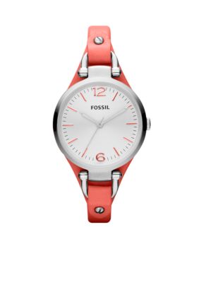 Fossil&reg; Ladies Coral Leather and Silver-Tone Stainless Steel Georgia 3-Hand Watch