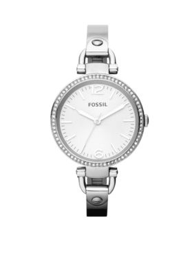 Fossil Ladies Silver Tone Stainless Steel Georgia 3-Hand Glitz Watch