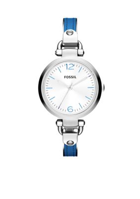 Fossil Stainless Steel and Blue Leather Georgia Three-Hand Watch