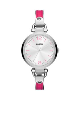Fossil Ladies Silver-Tone Stainless Steel and Pink Leather Georgia Three-Hand Watch
