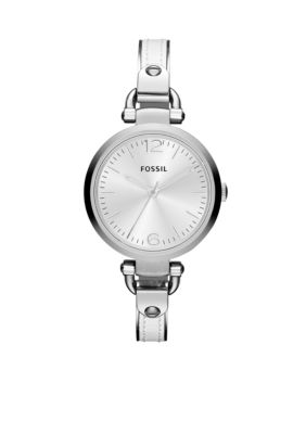 Fossil Ladies Silver-Tone Stainless Steel and White Leather Georgia Three-Hand Watch