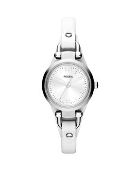 Fossil Silver Stainless Steel and White Leather Mini-Heather Three-Hand Watch